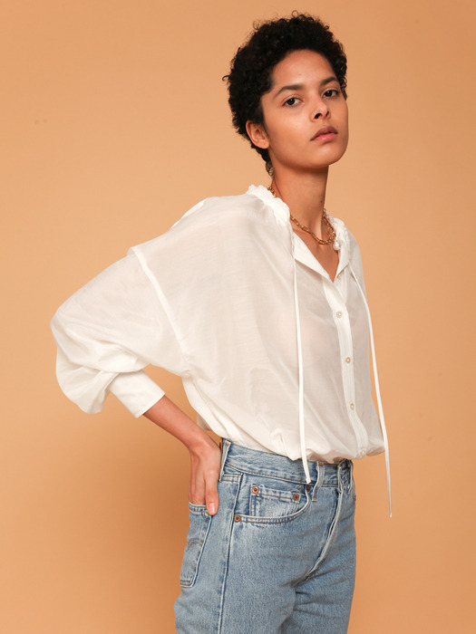 Drawstring ruffled-neck silk-blend cotton-poplin blouse