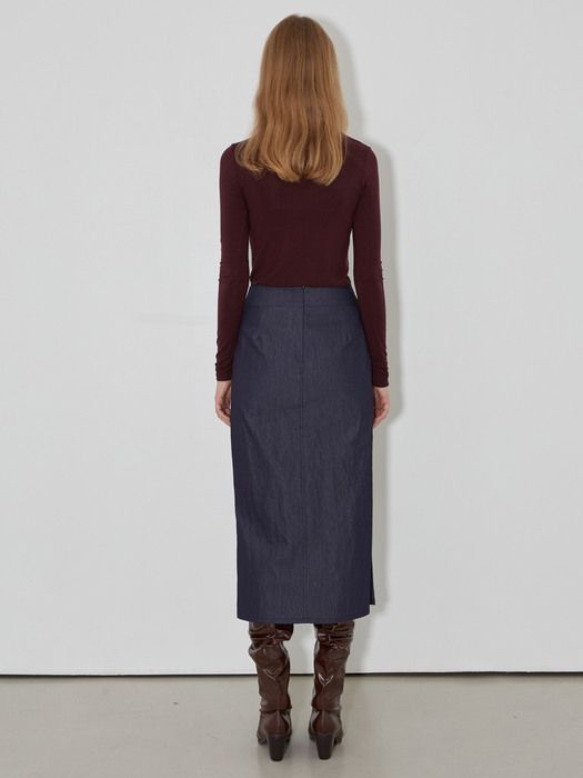 H Line Pocket Cotton Slit Skirts_Denim indigo