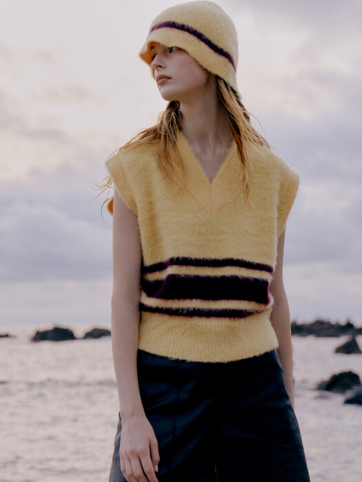 Mohair Blend Stripe Knit Vest / Lemon + Wine