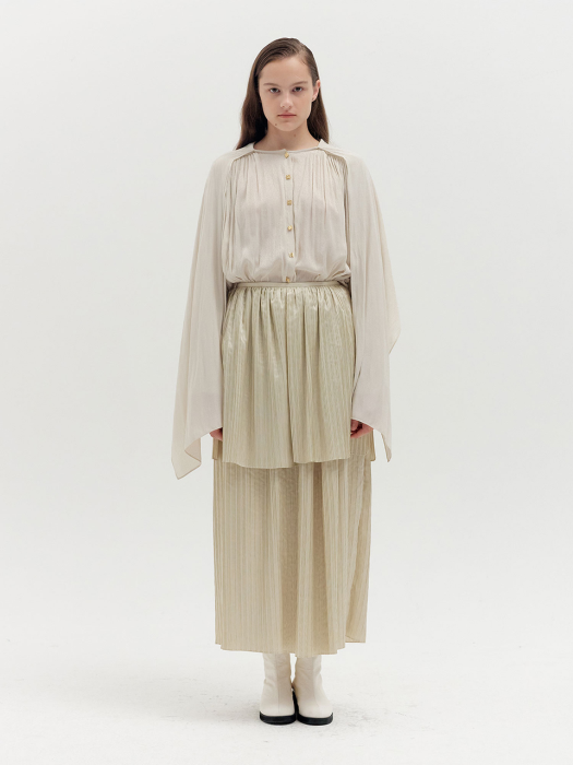 QOVEL Tiered Pleated Maxi Skirt - Beige