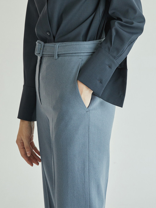 BELTED WOOL TROUSERS - BLUE GREY