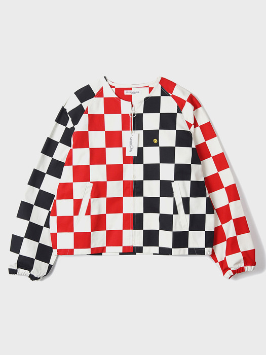 Checkerboard Collarless Drizzler Jacket / White/Black/Red