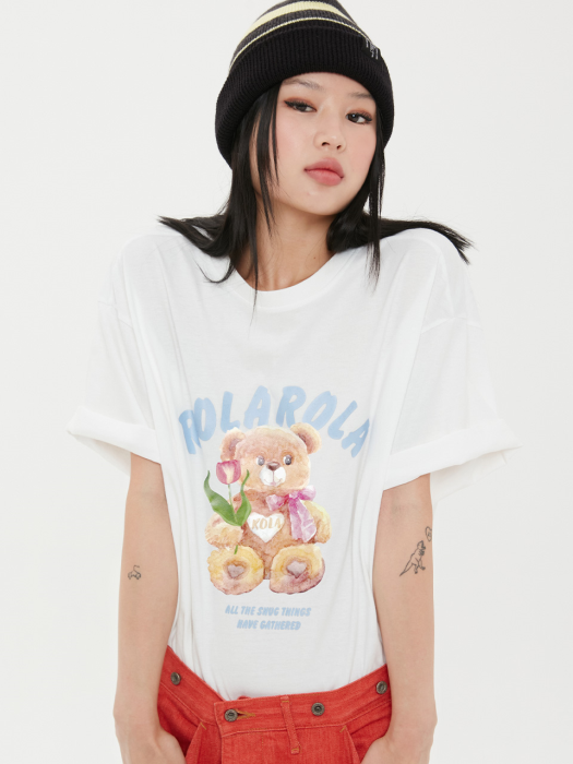 (TS-21350) ROLA BEAR WITH FLOWER T-SHIRT WHITE