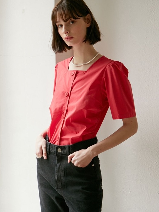 Square Neck Shirring Blouse - Red