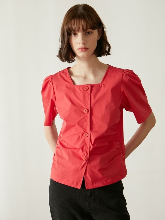 Square Neck Shirring Blouse - Red