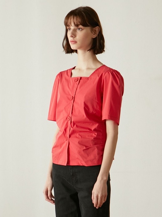 Square Neck Shirring Blouse - Red