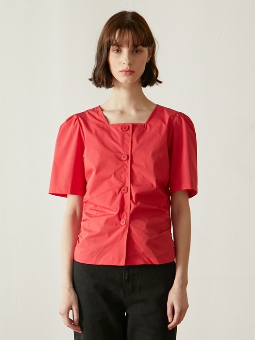 Square Neck Shirring Blouse - Red