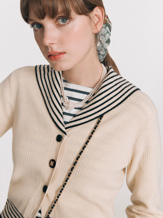 [EXCLUSIVE] Sailor Collar Knit Cardigan - Cream/Black