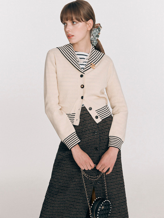 [EXCLUSIVE] Sailor Collar Knit Cardigan - Cream/Black