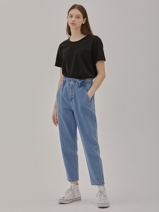 BANDING TAPERED CROP DENIM PANTS BLUE