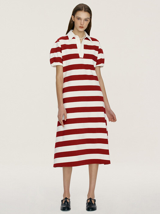[N]KAHULUI Collar stripe long dress (Navy/Red)