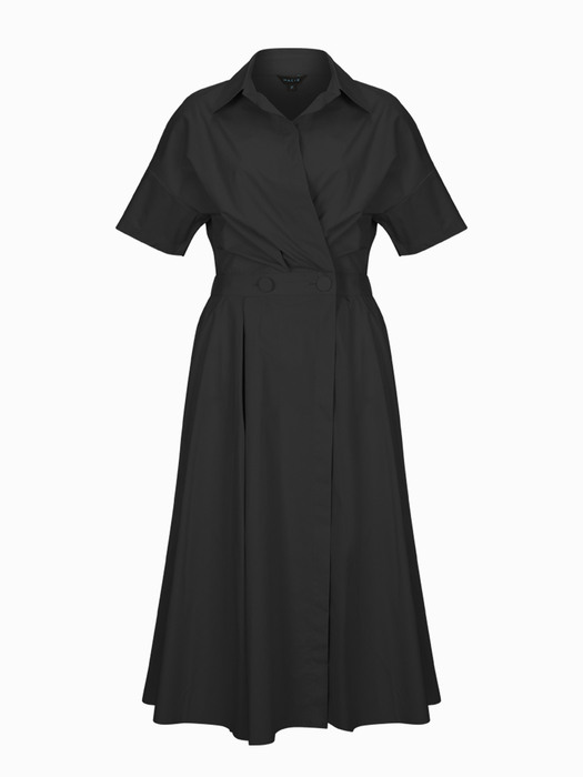 FLARED WRAP DRESS WITH SHIRT COLLAR [Black]