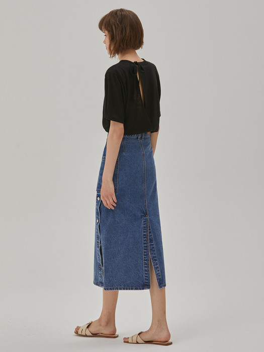 DENIM SIDE BACK SLIT LONG SKIRT BLUE