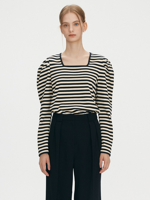 Square neck ribbed puff top - Black