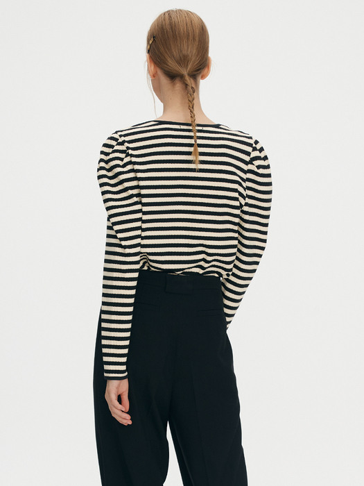 Square neck ribbed puff top - Black