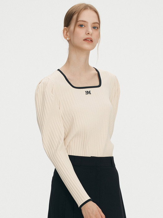 Square neck ribbed puff top - Black