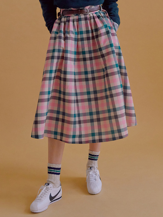 [N]BOROMWAT Flared skirt (Pink check)