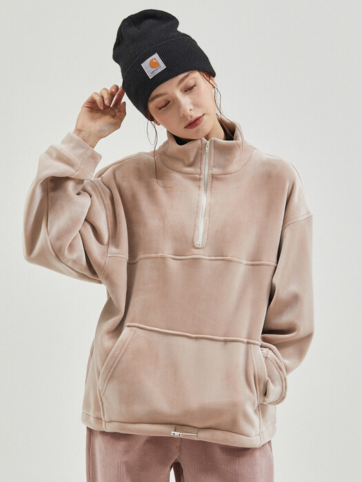 Velvet High Neck Zip-up MTM PinkBeige