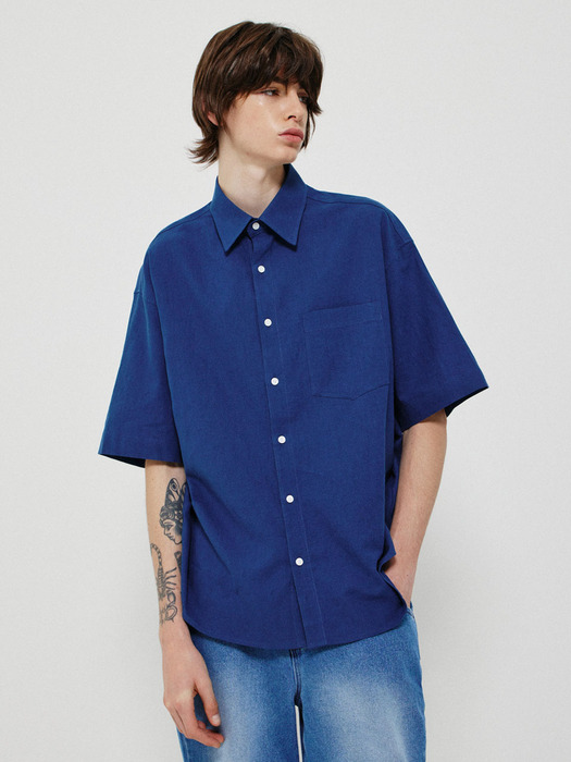 WASHED LINEN BOX SHIRT_NAVY