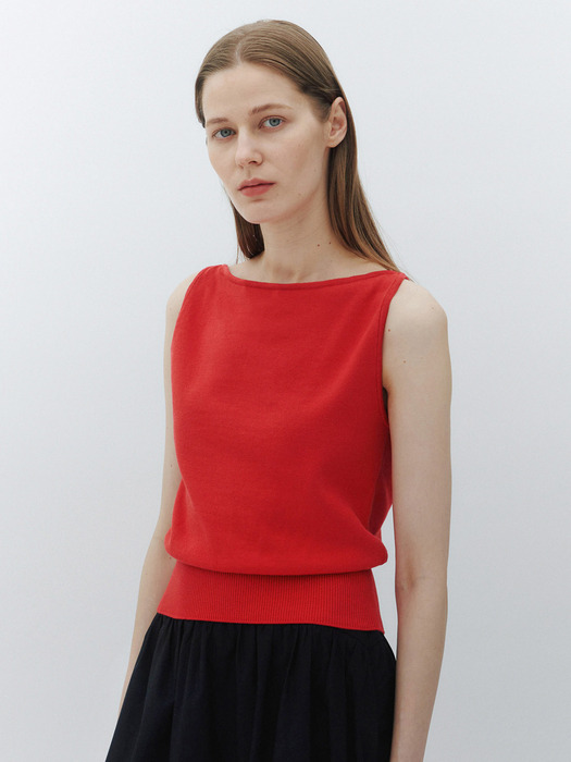 Boat-neck classic sleeveless knit (Red)