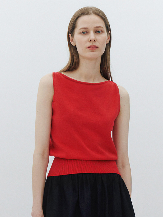 Boat-neck classic sleeveless knit (Red)