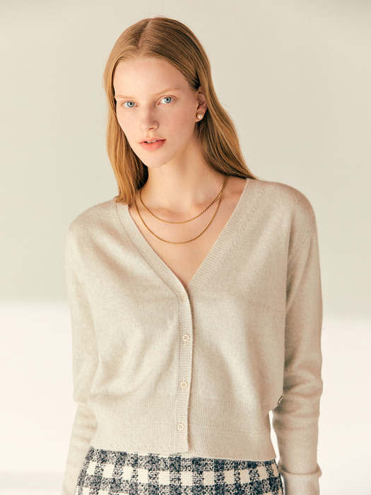 LEANNA V-neck fox fine wool knit cardigan (Lilac/Oatmeal)