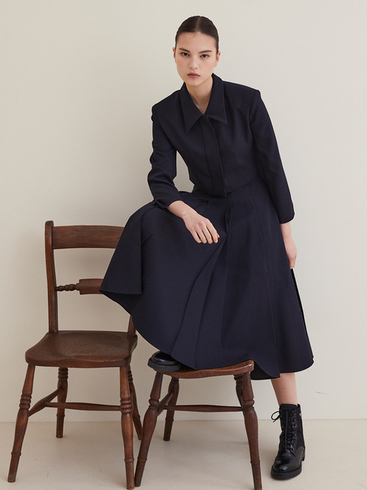 [4차리오더][Set up] Tailored Pleated Skirt - Navy