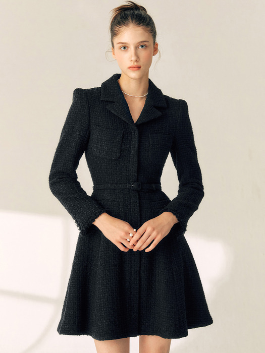 LEONIE Notched collar flared tweed wool dress (Butter/Black)