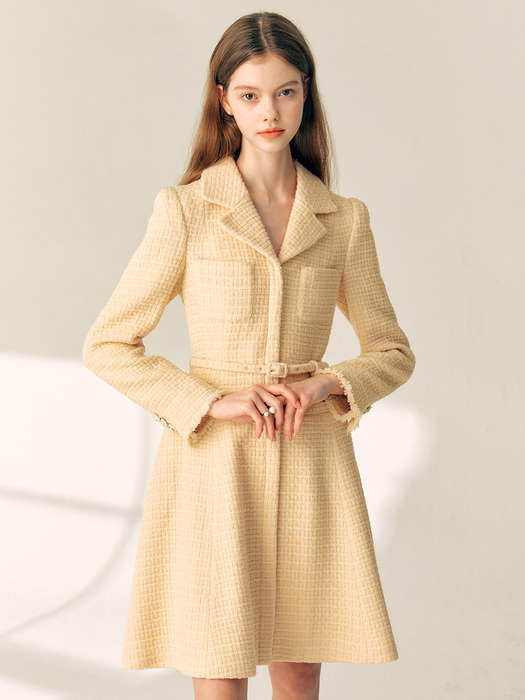 LEONIE Notched collar flared tweed wool dress (Butter/Black)