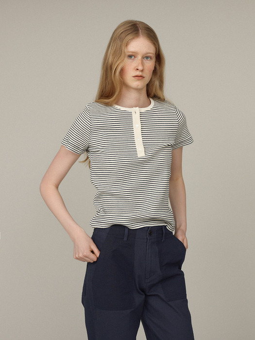 Ribbed button tee_ivory/navy stripe