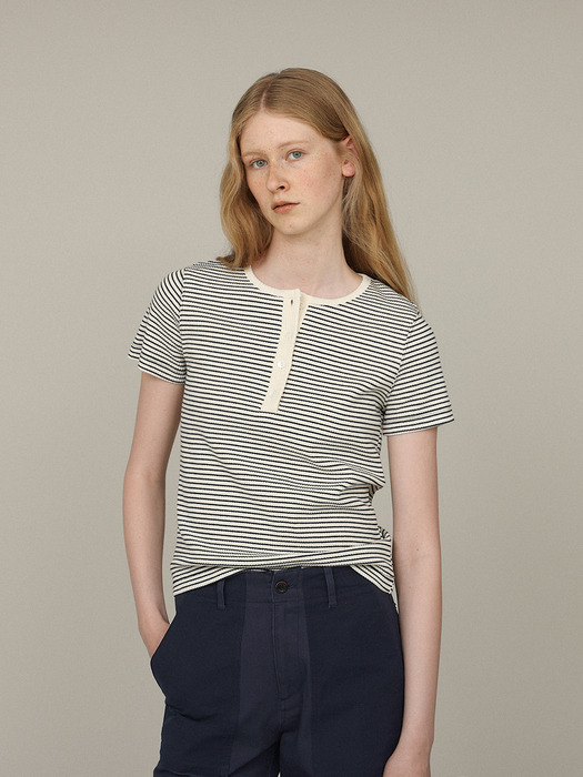 Ribbed button tee_ivory/navy stripe