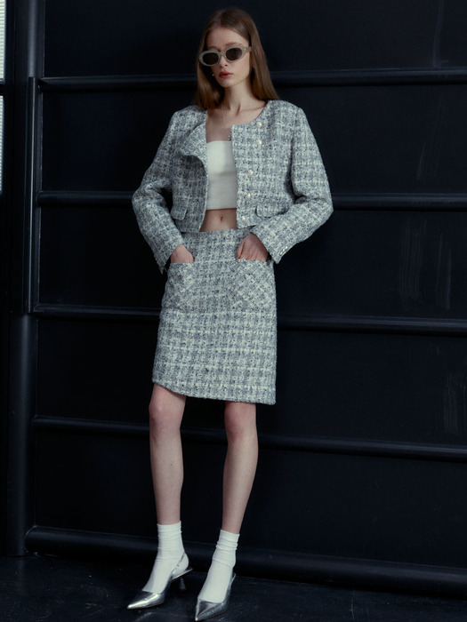 REMM Asymmetric Tweed Mini Skirt_Gray