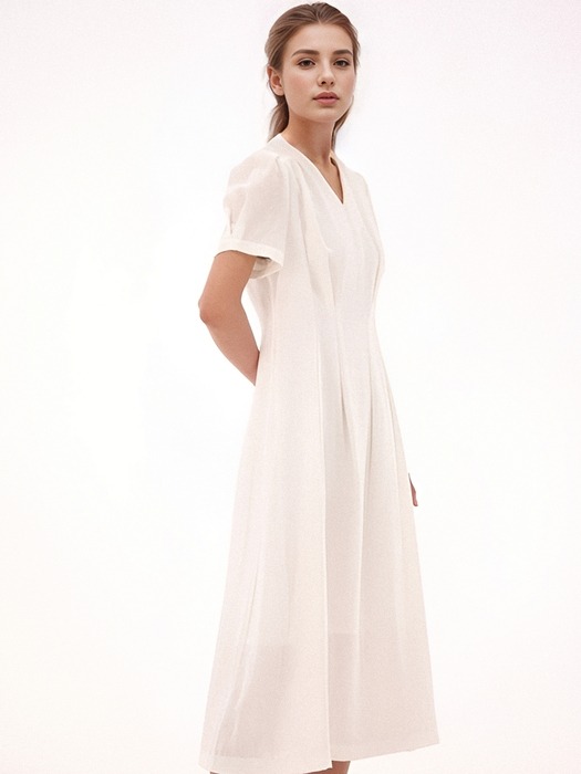 V neck Linen Dress _White