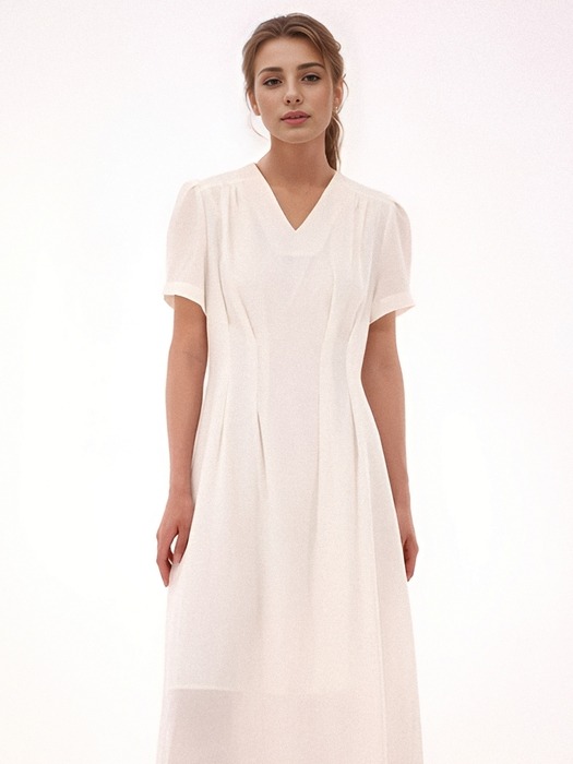 V neck Linen Dress _White