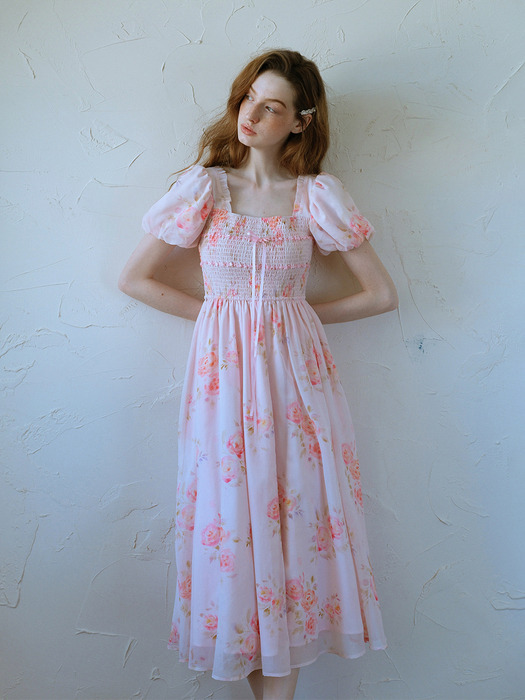 Cest_Pink rose puff sleeve dress