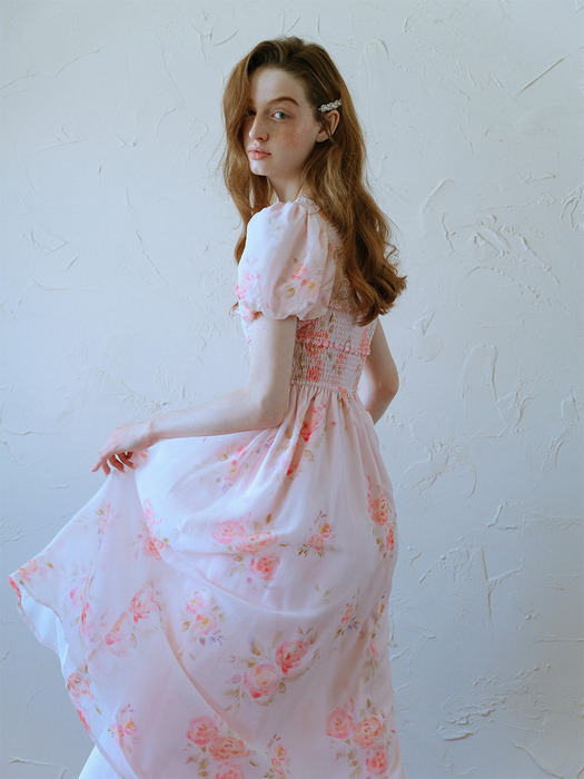 Cest_Pink rose puff sleeve dress