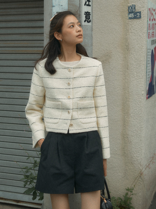 Collarless moa tweed jacket_Ivory