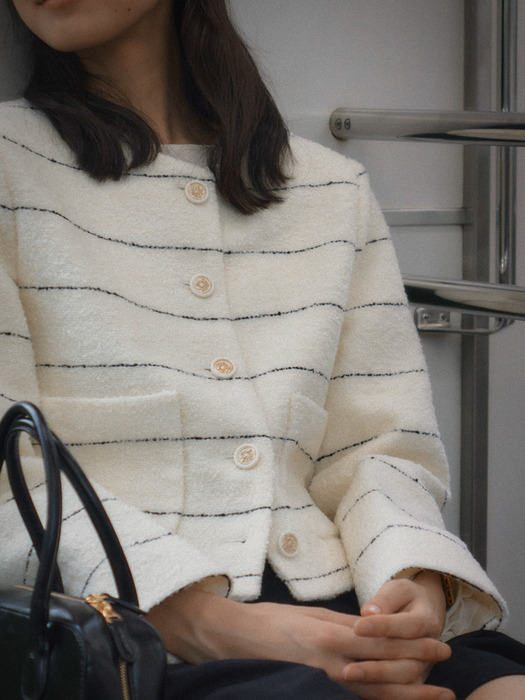 Collarless moa tweed jacket_Ivory