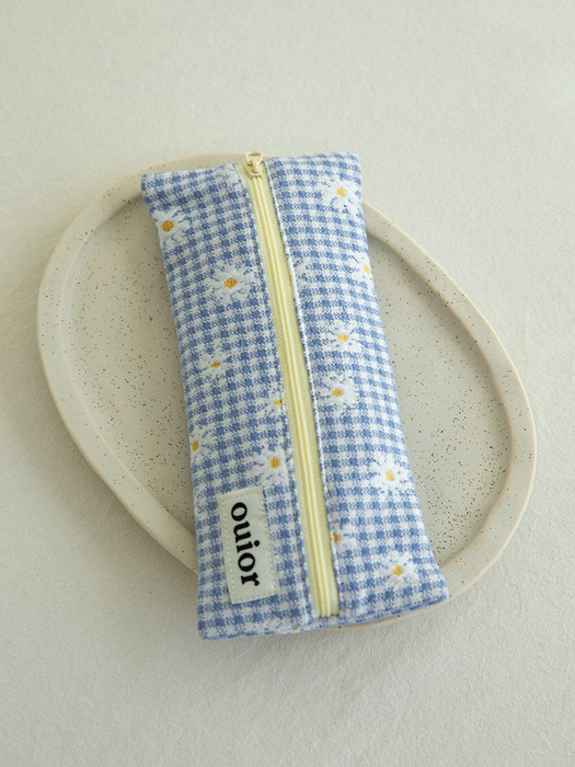 ouior flat pencil case - check flower sora (middle zipper)