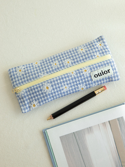 ouior flat pencil case - check flower sora (middle zipper)