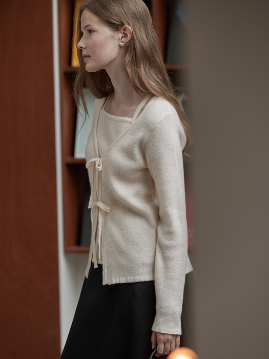 Ribbon layered cardigan - Pearled ivory