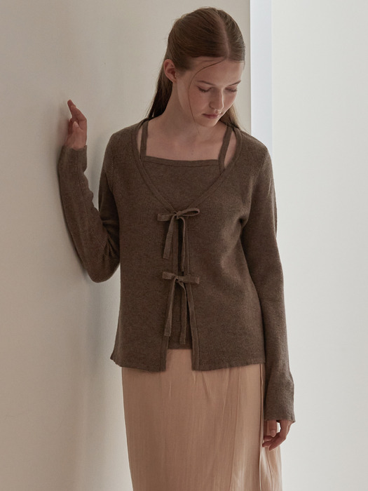 Ribbon layered cardigan - Pearled ivory