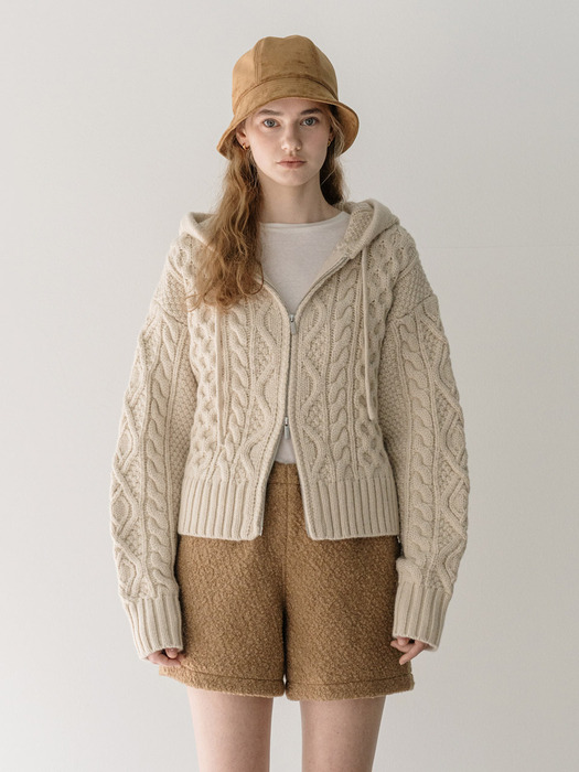 Cable two way knit zipup cardigan - beige