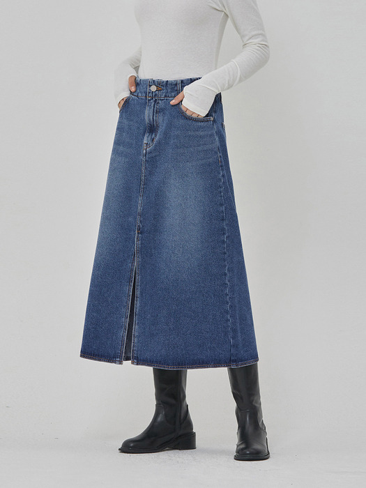 DENIM SLIT A LINE SKIRT INDIGO