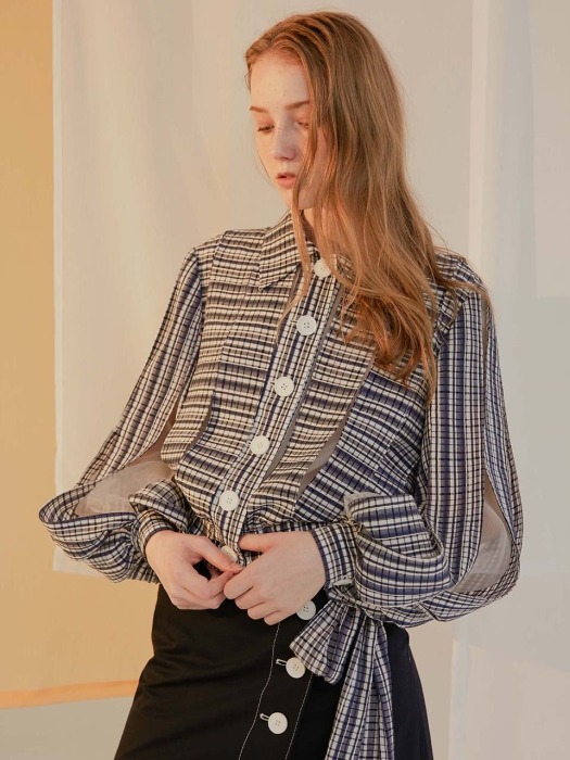 Navy Check Strip Panelled Organza Jacket