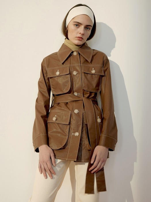 Brown Pocket-Detail Belted Coated Cotton Jacket 