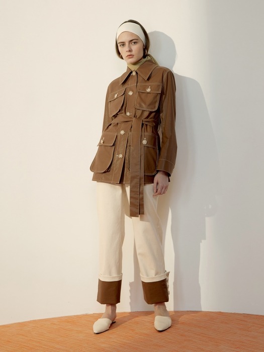 Brown Pocket-Detail Belted Coated Cotton Jacket 