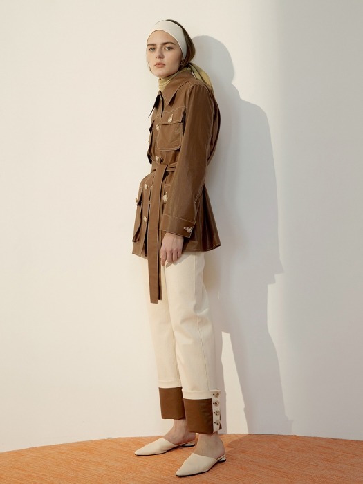 Brown Pocket-Detail Belted Coated Cotton Jacket 
