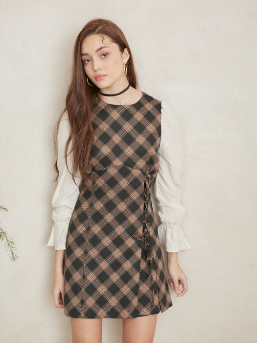 LACE UP LONG SLEEVES CHECK DRESS