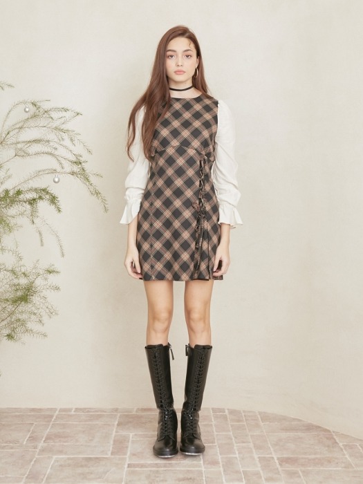 LACE UP LONG SLEEVES CHECK DRESS
